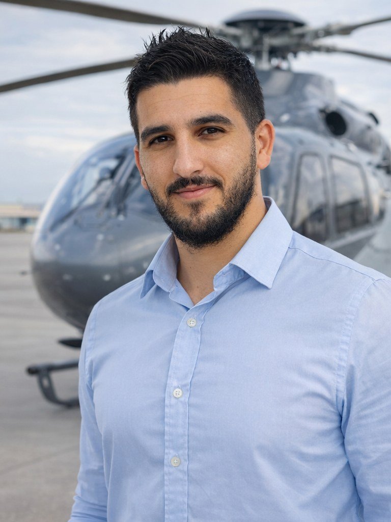 Elyes Kernag devant un hélicoptère — architecte EWIS et ingénieur vérification de conformité aéronautique